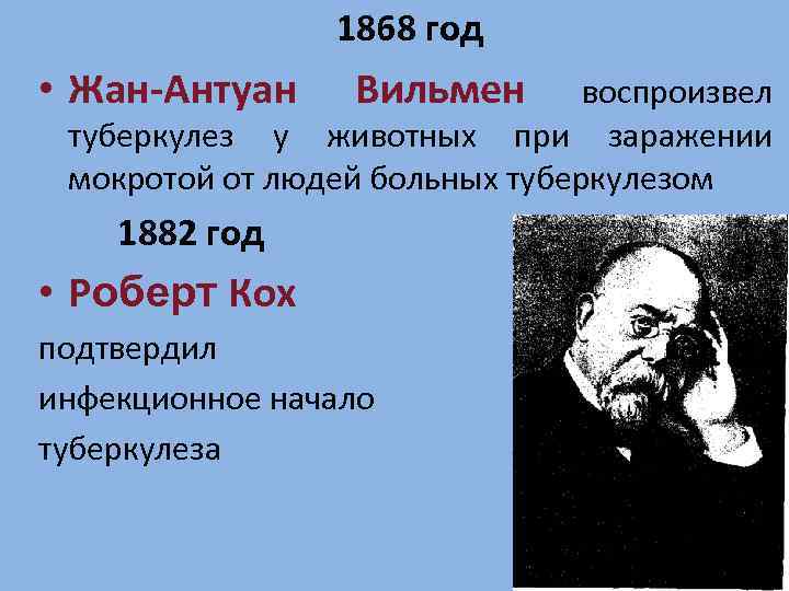 1868 год • Жан-Антуан Вильмен воспроизвел туберкулез у животных при заражении мокротой от людей