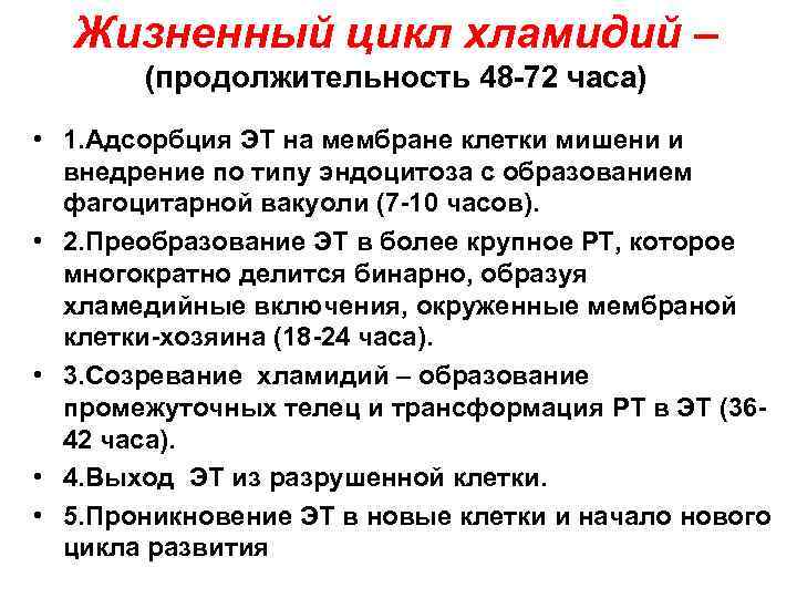 Жизненный цикл хламидий – (продолжительность 48 -72 часа) • 1. Адсорбция ЭТ на мембране