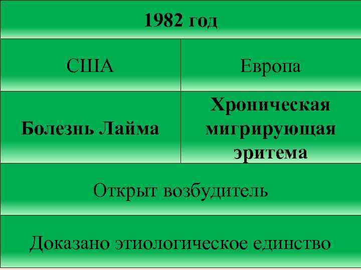 1982 год США Европа Болезнь Лайма Хроническая мигрирующая эритема Открыт возбудитель Доказано этиологическое единство