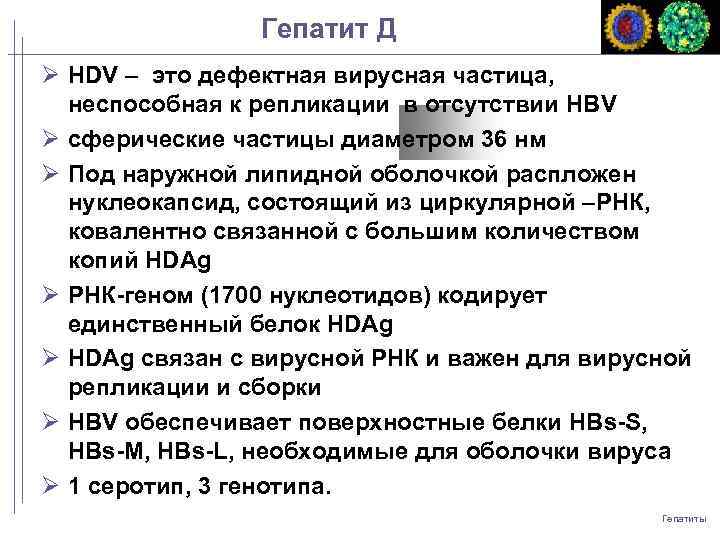 Гепатит Д HDV – это дефектная вирусная частица, неспособная к репликации в отсутствии HBV