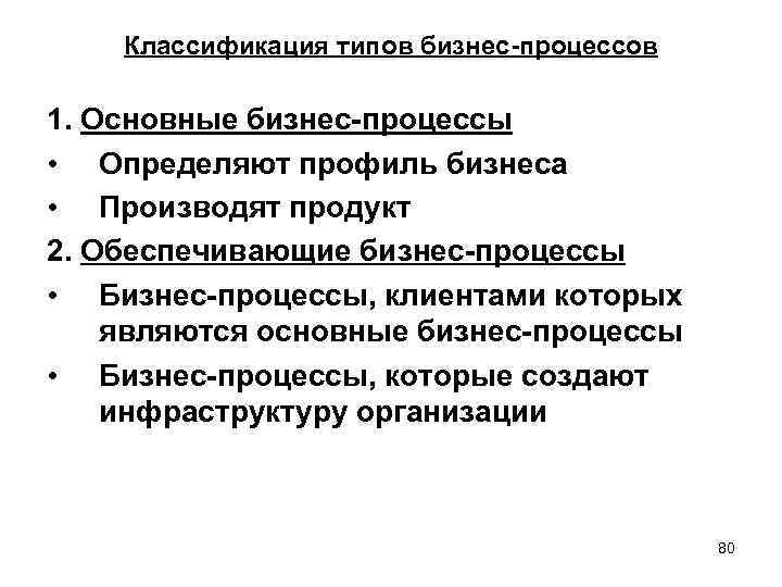 Классификация типов бизнес-процессов 1. Основные бизнес-процессы • Определяют профиль бизнеса • Производят продукт 2.