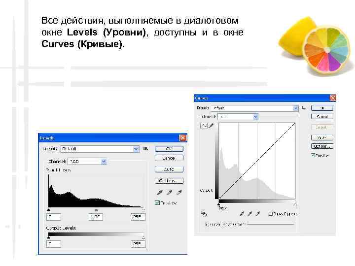 Все действия, выполняемые в диалоговом окне Levels (Уровни), доступны и в окне Curves (Кривые).