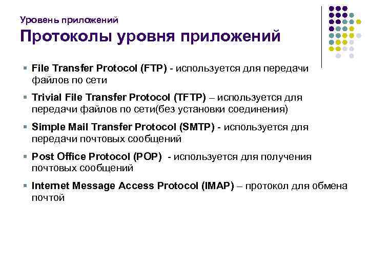 Уровень приложений Протоколы уровня приложений § File Transfer Protocol (FTP) - используется для передачи