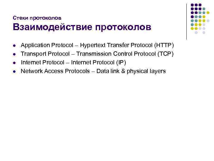 Стеки протоколов Взаимодействие протоколов l l Application Protocol – Hypertext Transfer Protocol (HTTP) Transport