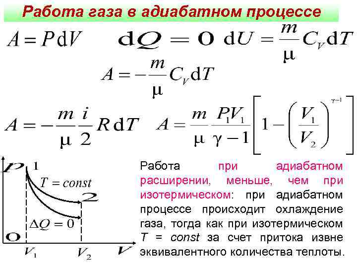 Работа газа в адиабатном процессе Работа при адиабатном расширении, меньше, чем при изотермическом: при