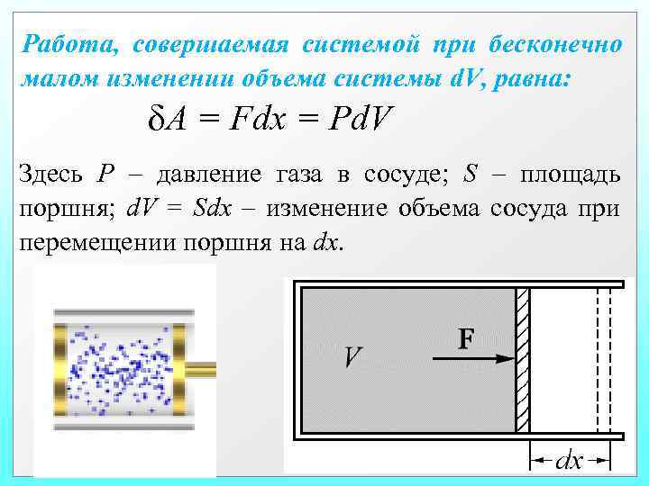 Работа, совершаемая системой при бесконечно малом изменении объема системы d. V, равна: A =