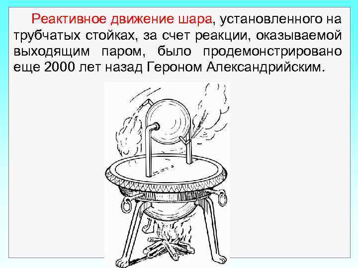 Реактивное движение шара, установленного на трубчатых стойках, за счет реакции, оказываемой выходящим паром, было