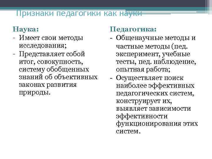 Признаки педагогики как науки Наука: Имеет свои методы исследования; Представляет собой итог, совокупность, систему