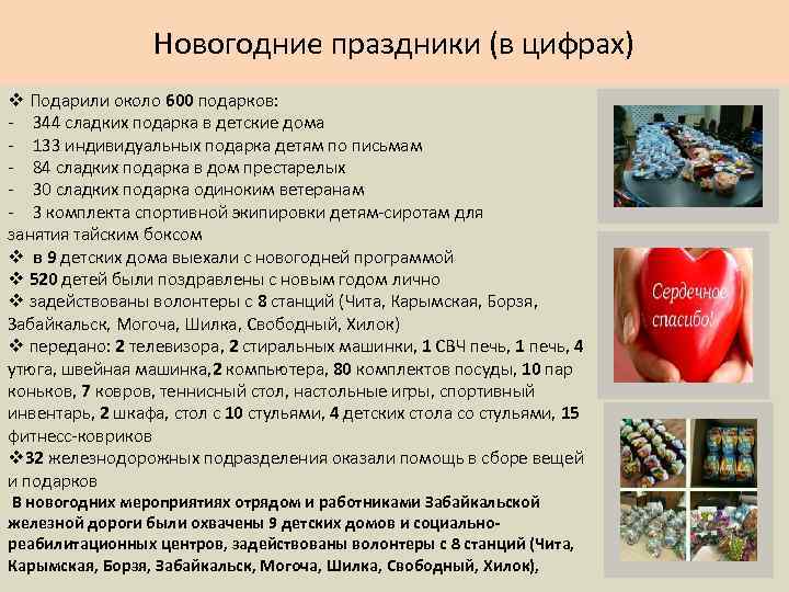 Новогодние праздники (в цифрах) v Подарили около 600 подарков: - 344 сладких подарка в