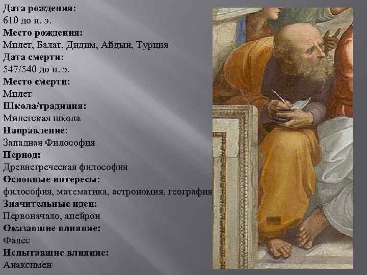 Дата рождения: 610 до н. э. Место рождения: Милет, Балат, Дидим, Айдын, Турция Дата