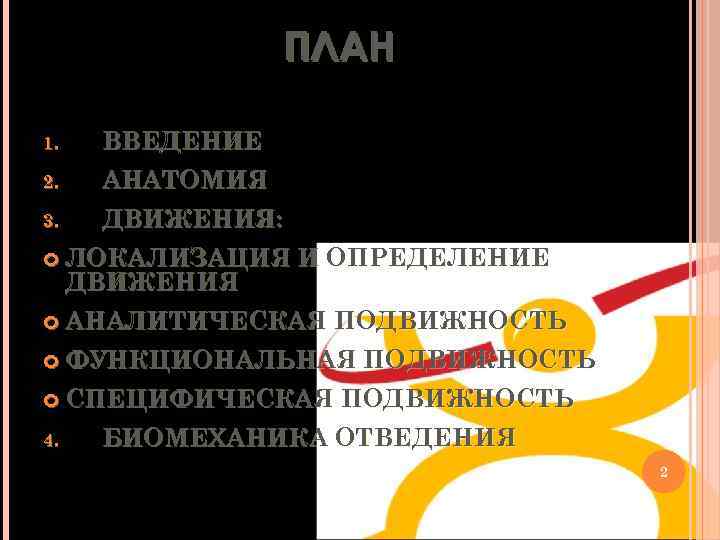 ПЛАН 1. ВВЕДЕНИЕ 2. АНАТОМИЯ 3. ДВИЖЕНИЯ: ЛОКАЛИЗАЦИЯ ДВИЖЕНИЯ И ОПРЕДЕЛЕНИЕ АНАЛИТИЧЕСКАЯ ПОДВИЖНОСТЬ ФУНКЦИОНАЛЬНАЯ