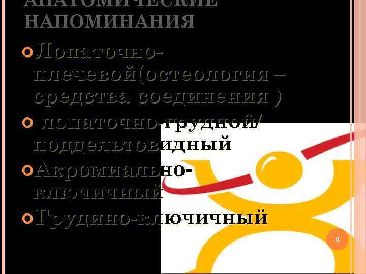 АНАТОМИЧЕСКИЕ НАПОМИНАНИЯ Лопаточно- плечевой(остеология – средства соединения ) лопаточно-грудной/ поддельтовидный Акромиальноключичный Грудино-ключичный 6 