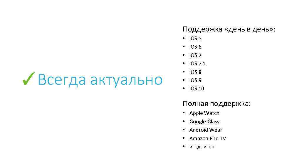 Поддержка «день в день» : ✓Всегда актуально • • i. OS 5 i. OS