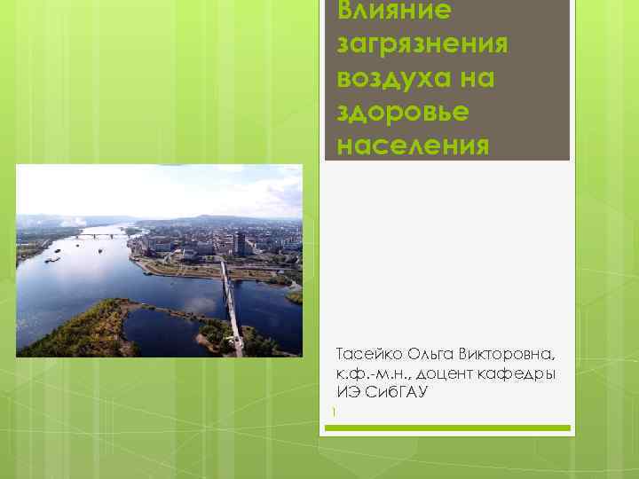Влияние загрязнения воздуха на здоровье населения Тасейко Ольга Викторовна, к. ф. -м. н. ,