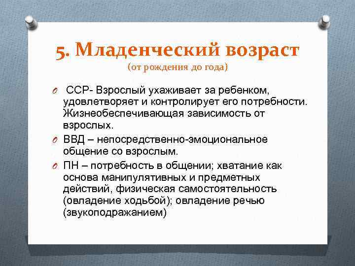 5. Младенческий возраст (от рождения до года) O ССР Взрослый ухаживает за ребенком, удовлетворяет