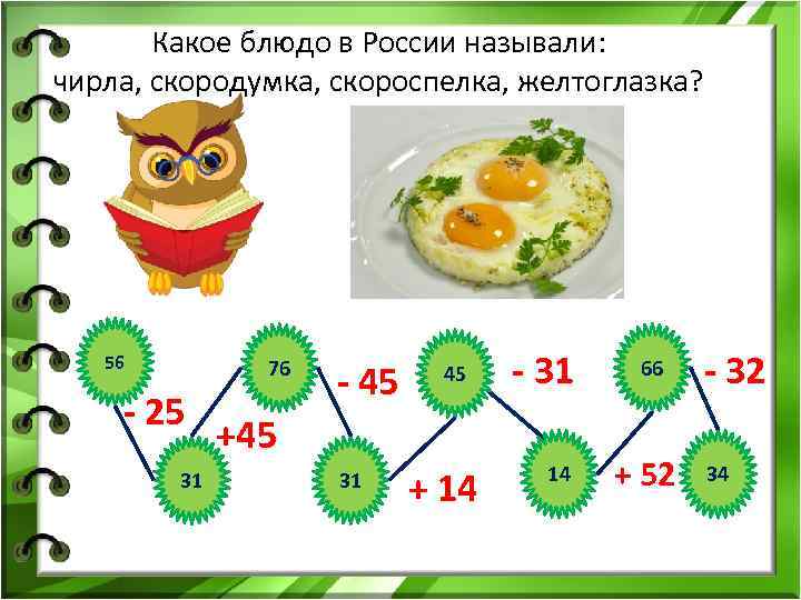 Какое блюдо в России называли: чирла, скородумка, скороспелка, желтоглазка? 56 76 - 25 31