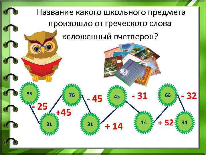 Название какого школьного предмета произошло от греческого слова «сложенный вчетверо» ? 56 76 -