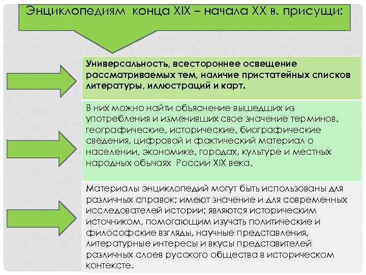 Энциклопедиям конца XIX – начала XX в. присущи: Универсальность, всестороннее освещение рассматриваемых тем, наличие