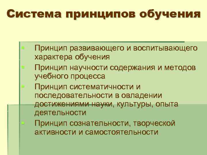 Система принципов обучения § § Принцип развивающего и воспитывающего характера обучения Принцип научности содержания