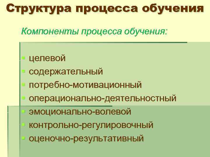 Структура процесса обучения Компоненты процесса обучения: § § § § целевой содержательный потребно-мотивационный операционально-деятельностный