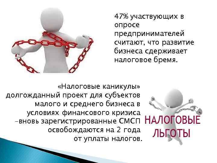 47% участвующих в опросе предпринимателей считают, что развитие бизнеса сдерживает налоговое бремя. «Налоговые каникулы»