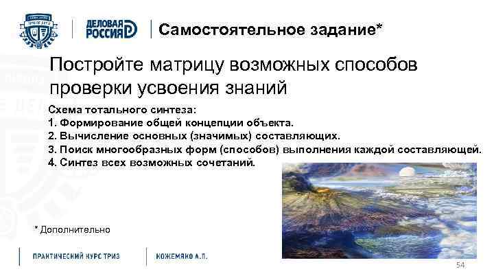 Самостоятельное задание* Постройте матрицу возможных способов проверки усвоения знаний Схема тотального синтеза: 1. Формирование