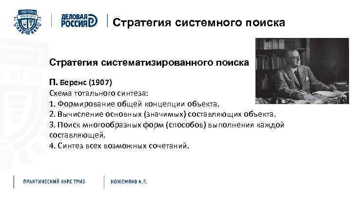 Стратегия системного поиска Стратегия систематизированного поиска П. Беренс (1907) Схема тотального синтеза: 1. Формирование