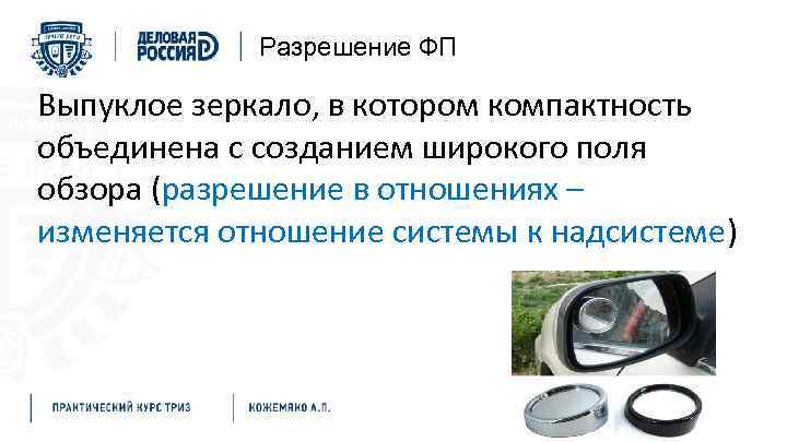 Разрешение ФП Выпуклое зеркало, в котором компактность объединена с созданием широкого поля обзора (разрешение