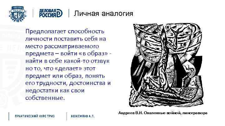 Личная аналогия Предполагает способность личности поставить себя на место рассматриваемого предмета – войти «в