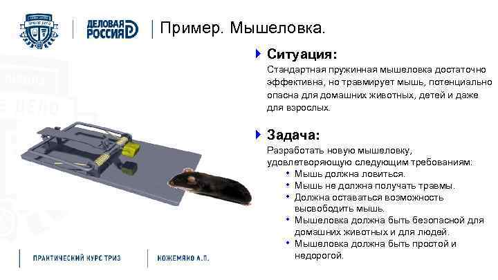Пример. Мышеловка. } Ситуация: Стандартная пружинная мышеловка достаточно эффективна, но травмирует мышь, потенциально опасна