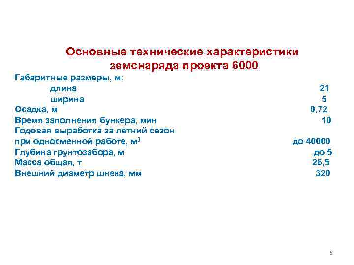 Основные технические характеристики земснаряда проекта 6000 Габаритные размеры, м: длина ширина Осадка, м Время