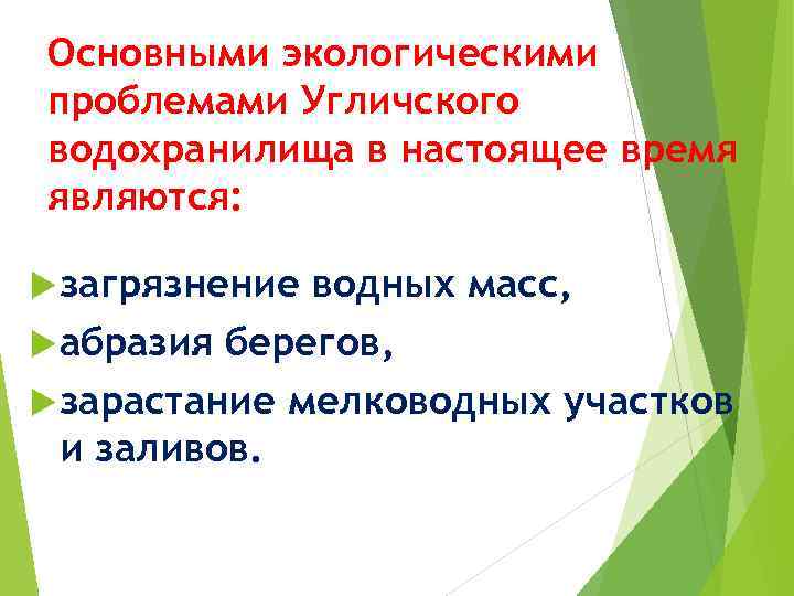 Основными экологическими проблемами Угличского водохранилища в настоящее время являются: загрязнение водных масс, абразия берегов,