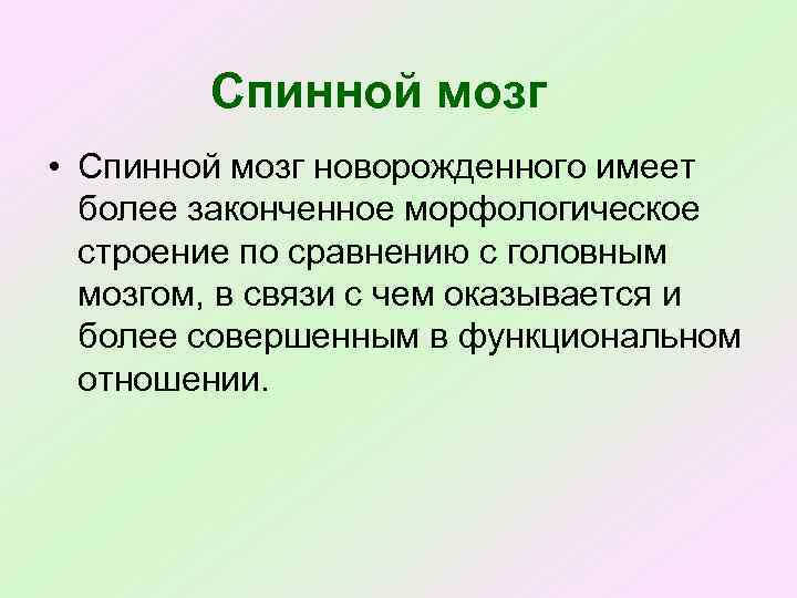 Спинной мозг • Спинной мозг новорожденного имеет более законченное морфологическое строение по сравнению с