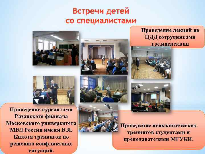 Встречи детей со специалистами Проведение лекций по ПДД сотрудниками гос. инспекции Проведение курсантами Рязанского