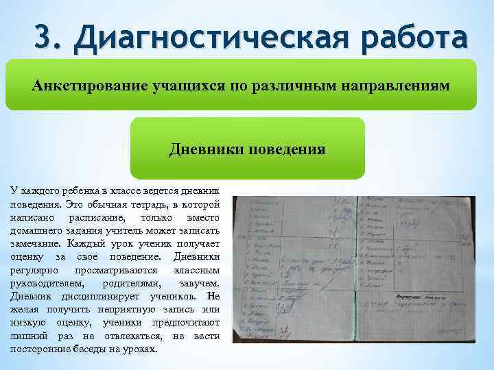 3. Диагностическая работа Анкетирование учащихся по различным направлениям Дневники поведения У каждого ребенка в