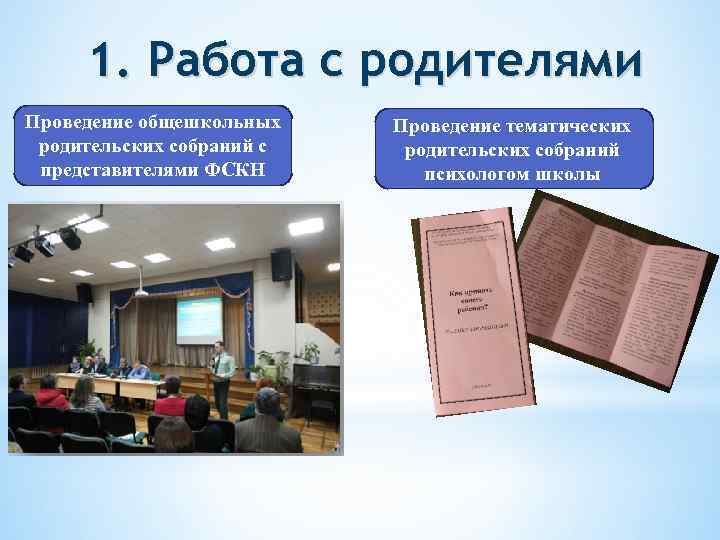 1. Работа с родителями Проведение общешкольных родительских собраний с представителями ФСКН Проведение тематических родительских