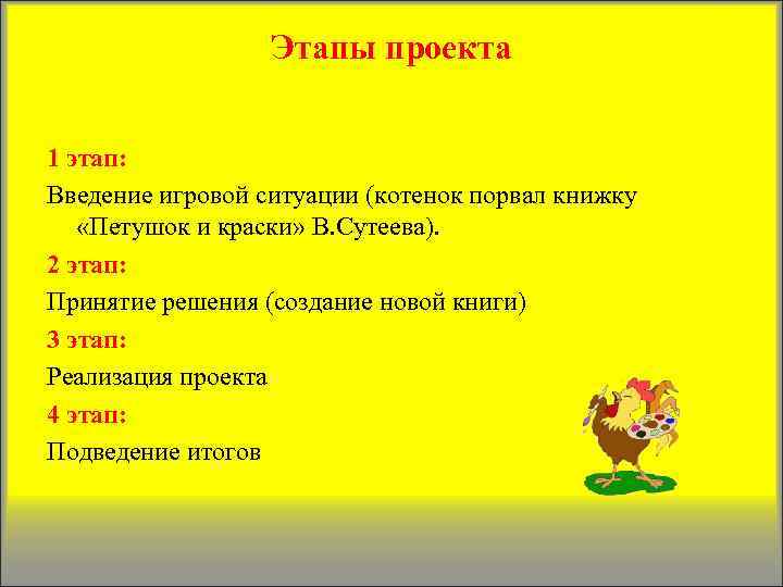 Этапы проекта 1 этап: Введение игровой ситуации (котенок порвал книжку «Петушок и краски» В.