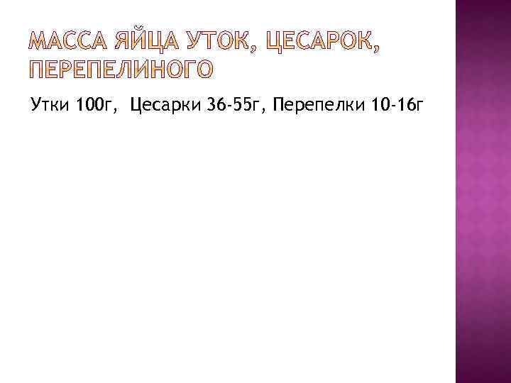 Утки 100 г, Цесарки 36 -55 г, Перепелки 10 -16 г 