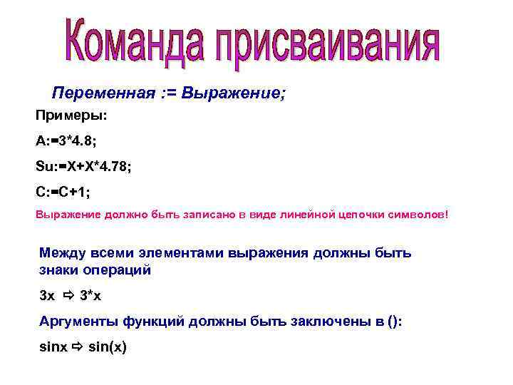 Переменная : = Выражение; Примеры: A: =3*4. 8; Su: =X+X*4. 78; C: =C+1; Выражение