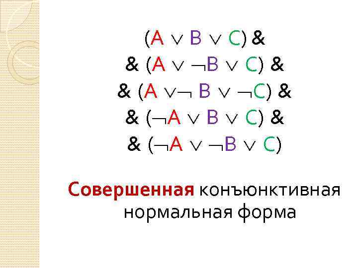 (А В С) & & ( А В С) Совершенная конъюнктивная нормальная форма 