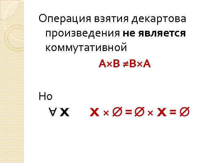 Операция взятия декартова произведения не является коммутативной А×В ≠В×А Но X X × =