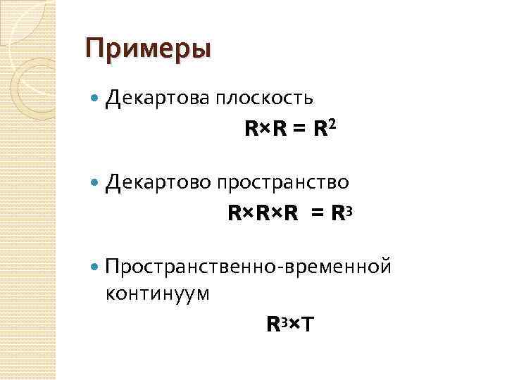 Примеры Декартова плоскость R×R = R 2 Декартово пространство R×R×R = R 3 Пространственно-временной