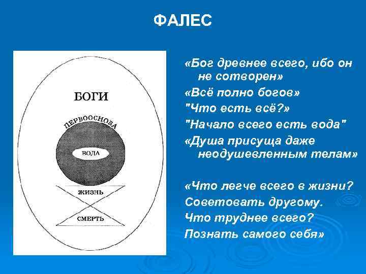 ФАЛЕС «Бог древнее всего, ибо он не сотворен» «Всё полно богов» 