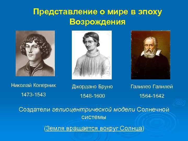 Представление о мире в эпоху Возрождения Николай Коперник Джордано Бруно Галилей 1473 -1543 1548