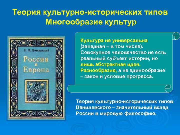 Теория культурно-исторических типов Многообразие культур Культура не универсальна (западная – в том числе). Совокупное