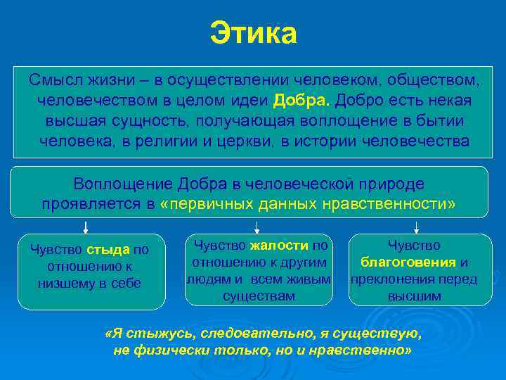 Этика Смысл жизни – в осуществлении человеком, обществом, человечеством в целом идеи Добра. Добро