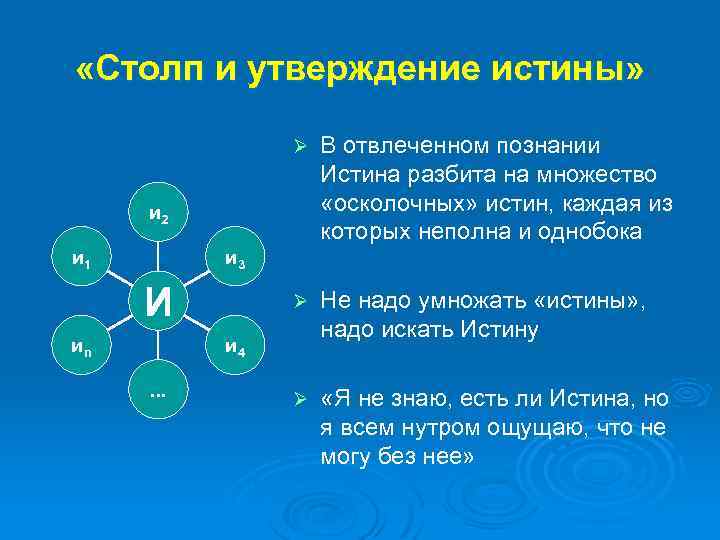  «Столп и утверждение истины» Ø В отвлеченном познании Истина разбита на множество «осколочных»