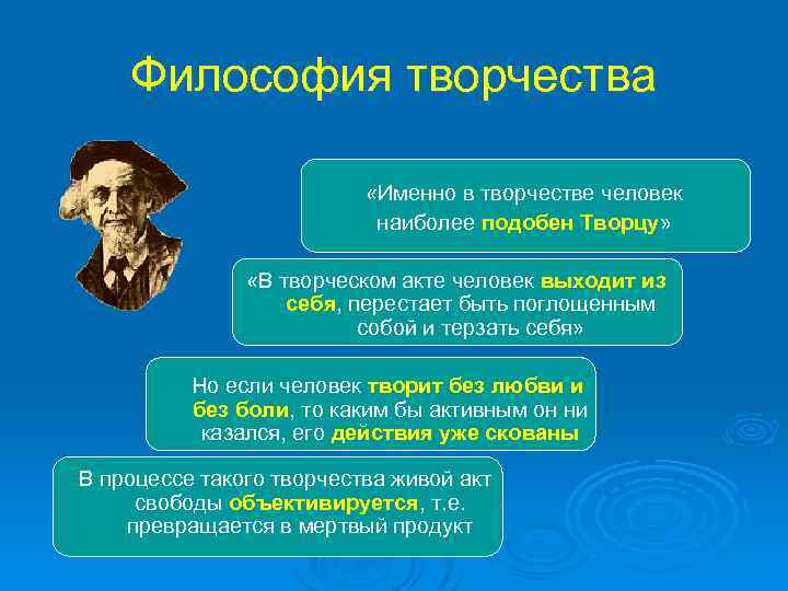 Философия творчества «Именно в творчестве человек наиболее подобен Творцу» «В творческом акте человек выходит