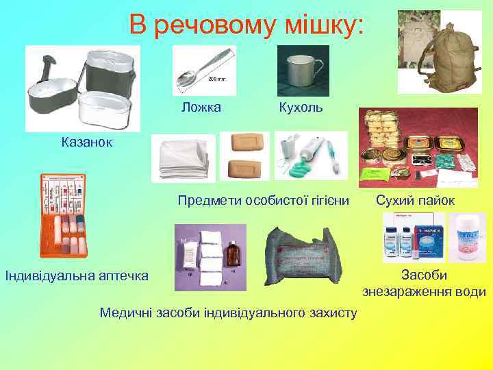 В речовому мішку: Ложка Кухоль Казанок Предмети особистої гігієни Індивідуальна аптечка Медичні засоби індивідуального