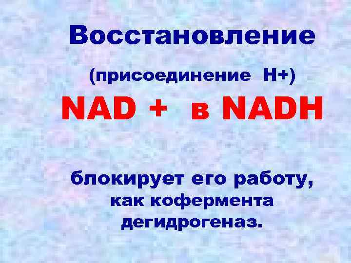 Восстановление (присоединение Н+) NAD + в NADH блокирует его работу, как кофермента дегидрогеназ. 